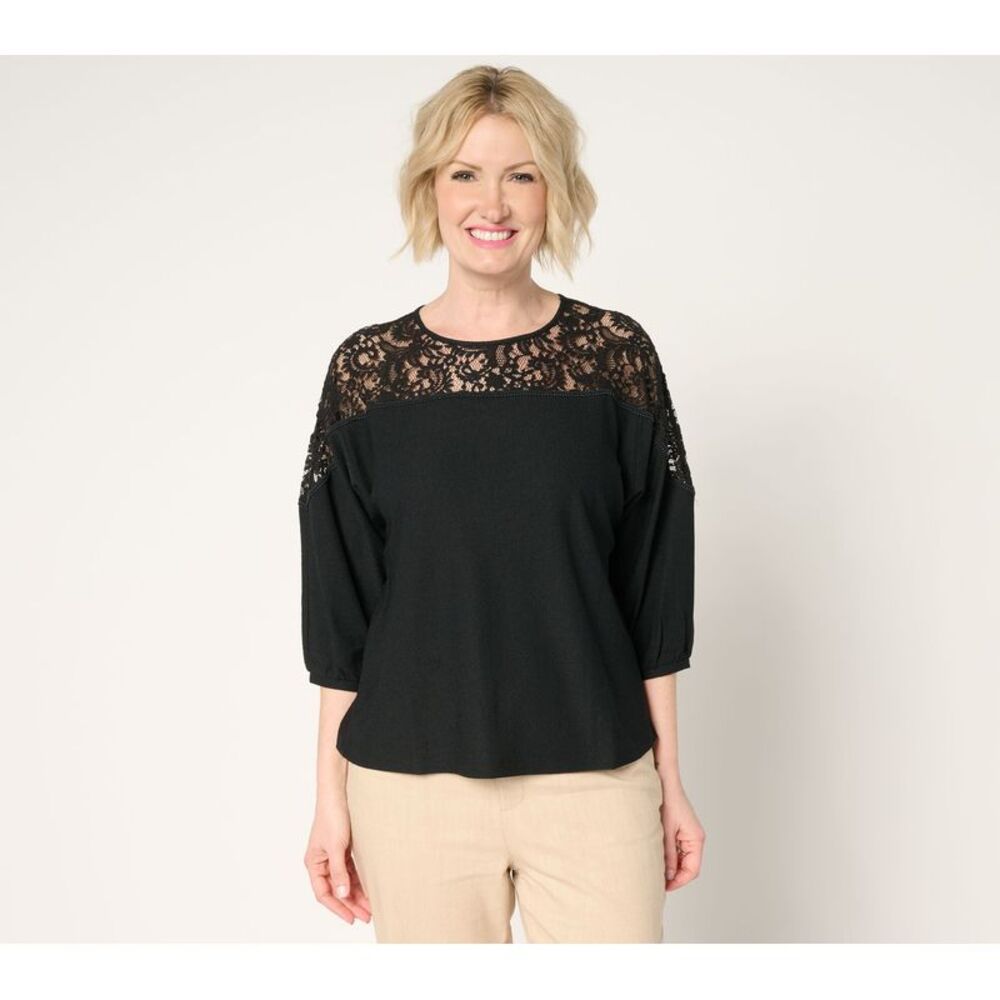 BEAUTIFUL by Lawrence Zarian Women's Top Sz M The Holly Lace Crew Black